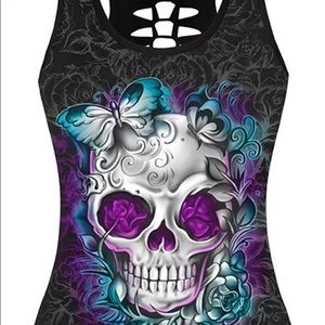 Women's Skull Print Hollow Out T-Shirt Crew Neck Tank Top